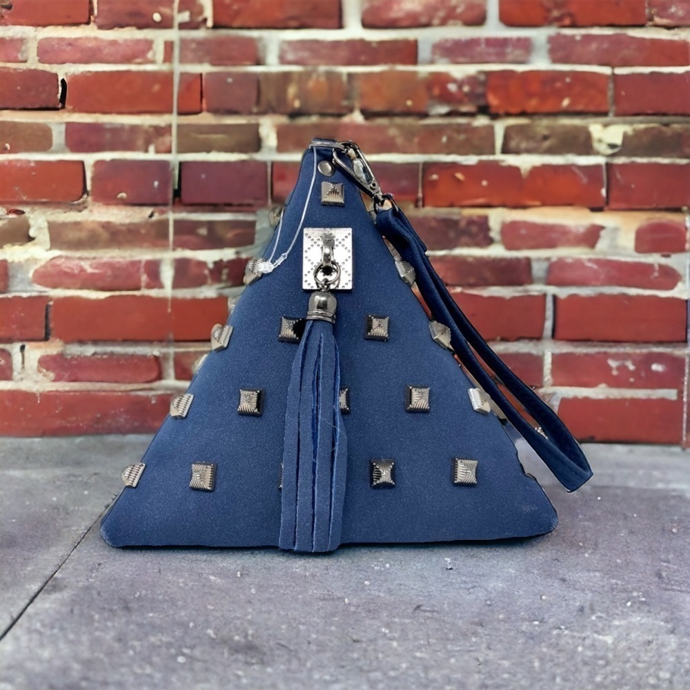 Blue Faux Nubuck Rockstud Pyramid Wristlet Bag